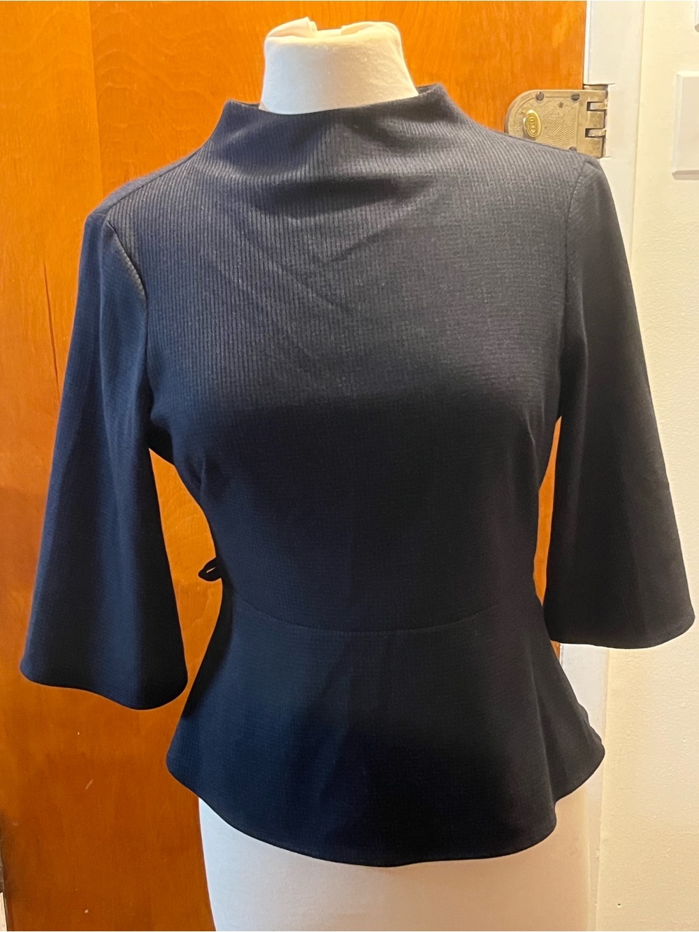 Zara Women's Blue/Black Peplum High Neck 3/4 Bell Sleeves Top.  Size Medium